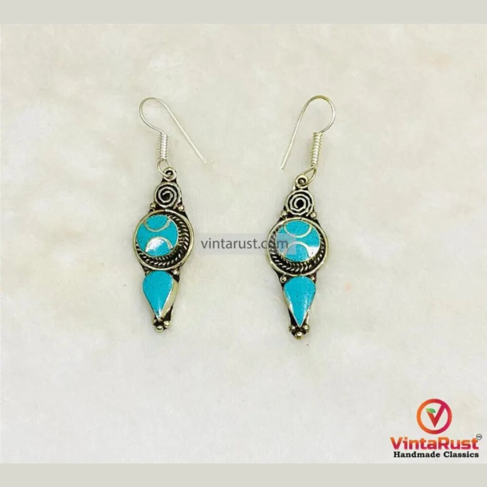 Handmade Turquoise Dangle Earrings: Vintage Boho Nepalese Jewelry - Picture 2 of 4